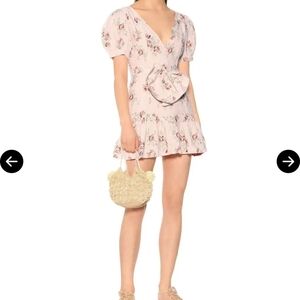 LoveShackFancy Linen Mini Dress Size: S Floral Pink Dress with Ruffle Hem
